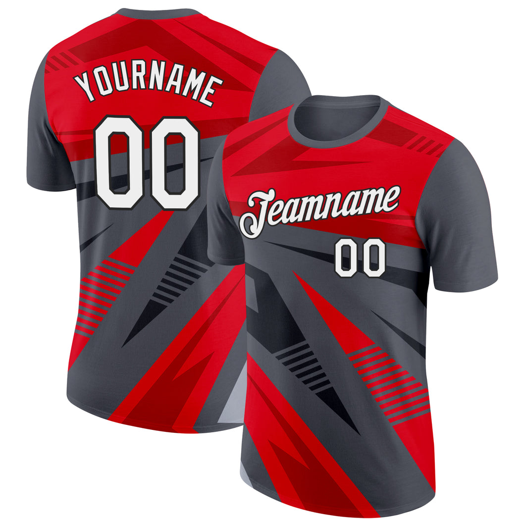 Custom Steel Gray Red-Black 3D Esports Performance T-Shirt