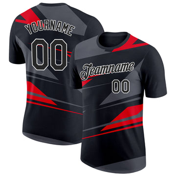 Custom Black Steel Gray-Fire Red 3D Esports Performance T-Shirt