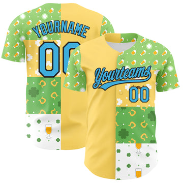 Custom Green Sky Blue Light Yellow-Black 3D St. Patrick's Day Shamrock Beer Authentic Baseball Jersey