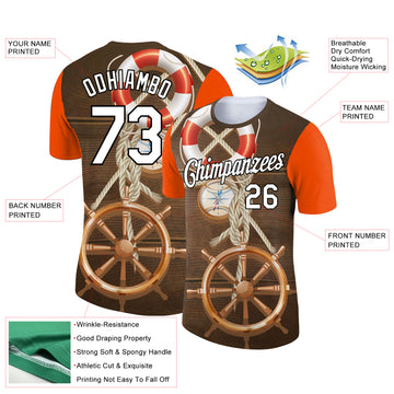 Custom Brown Orange-Black 3D Pattern Design Sailing Ship Wheel Lifebuoy Compass Columbus Day Performance T-Shirt