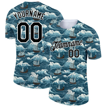 Custom Teal Black-White 3D Pattern Design Sailing Ship Columbus Day Performance T-Shirt