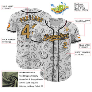 Custom White Old Gold-Black Comic Doodle Ballgame 3D Pattern Design Authentic Baseball Jersey