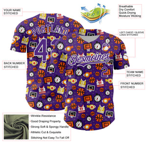 Custom Purple White Comic Doodle Ballgame 3D Pattern Design Authentic Baseball Jersey