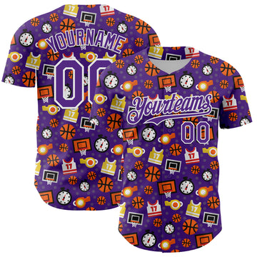 Custom Purple White Comic Doodle Ballgame 3D Pattern Design Authentic Baseball Jersey