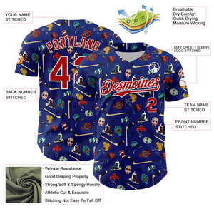 Custom Royal Red-White Comic Doodle Ballgame 3D Pattern Design Authentic Baseball Jersey