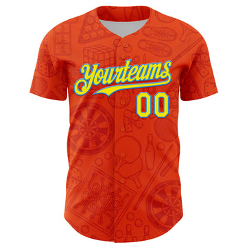 Custom Orange Light Yellow-Electric Blue Comic Doodle Ballgame 3D Pattern Design Authentic Baseball Jersey