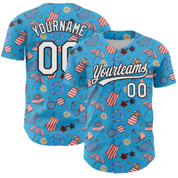 Custom Sky Blue White-Black 3D Hawaii Beach Authentic Baseball Jersey