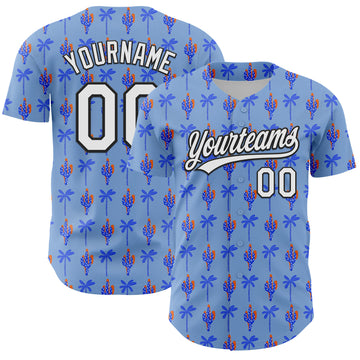 Custom Light Blue White-Black 3D Hawaii Tropical Palm Tree And Cactus Authentic Baseball Jersey