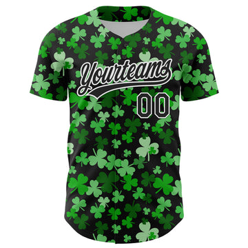 Custom Black White 3D St. Patrick's Day Shamrock Authentic Baseball Jersey