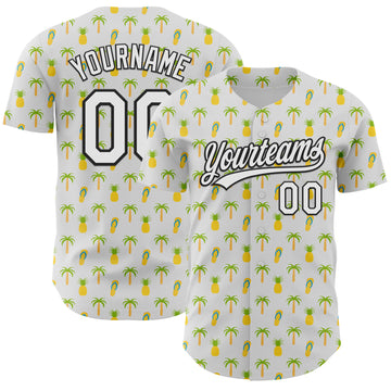 Custom White Black 3D Hawaii Tropical Palm Tree And Fruit Pineapple Authentic Baseball Jersey