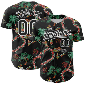 Custom Black White 3D Hawai Island Tropical Palm Tree And Flower Authentic Baseball Jersey