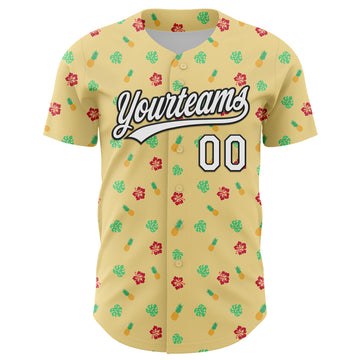 Custom Yellow White-Black 3D Hawaii Tropical Palm Leaves And Fruit Pineapple Authentic Baseball Jersey