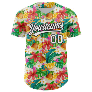 Custom Yellow White-Black 3D Hawaii Tropical Palm Leaves Flower And Fruit Pineapple Authentic Baseball Jersey