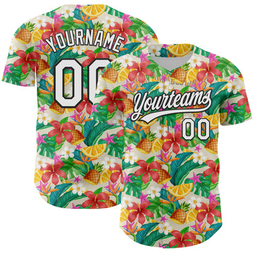 Custom Yellow White-Black 3D Hawaii Tropical Palm Leaves Flower And Fruit Pineapple Authentic Baseball Jersey