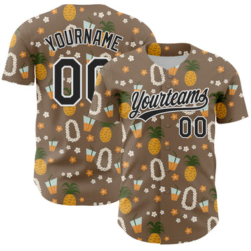 Custom Brown Black-White 3D Hawaii Flower And Fruit Pineapple Authentic Baseball Jersey