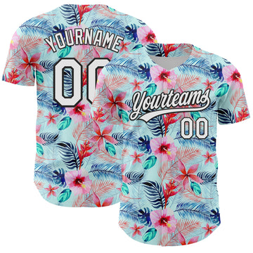 Custom Ice Blue White-Black 3D Hawaii Tropical Palm Leaves And Flower Authentic Baseball Jersey