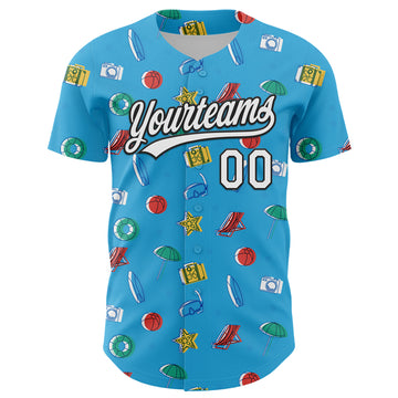 Custom Sky Blue White-Black 3D Hawaii Beach Holiday Authentic Baseball Jersey