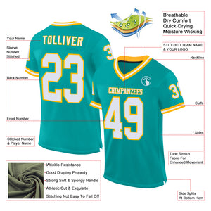 Custom Aqua White-Gold Mesh Authentic Throwback Football Jersey