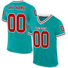 Load image into Gallery viewer, Custom Aqua Red-White Mesh Authentic Throwback Football Jersey
