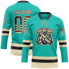 Load image into Gallery viewer, Custom Aqua Vintage USA Flag Cream-Black Hockey Lace Neck Jersey
