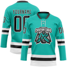 Load image into Gallery viewer, Custom Aqua Black-White Hockey Lace Neck Jersey
