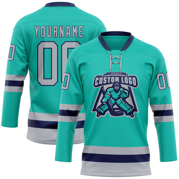 Custom Aqua Gray-Navy Hockey Lace Neck Jersey