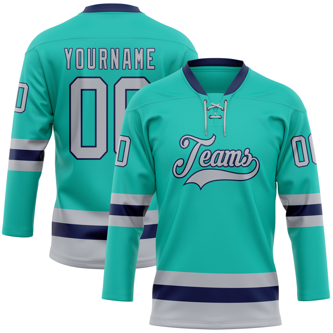 Custom Aqua Gray-Navy Hockey Lace Neck Jersey