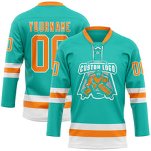 Load image into Gallery viewer, Custom Aqua Bay Orange-White Hockey Lace Neck Jersey
