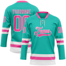 Load image into Gallery viewer, Custom Aqua Pink-White Hockey Lace Neck Jersey
