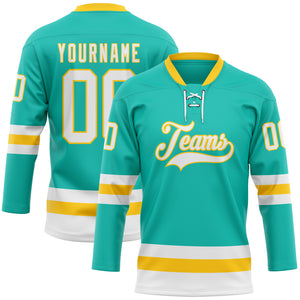 Custom Aqua White-Yellow Hockey Lace Neck Jersey