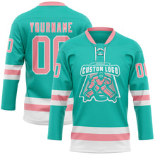 Load image into Gallery viewer, Custom Aqua Medium Pink-White Hockey Lace Neck Jersey
