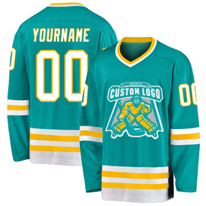 Custom Aqua White-Gold Hockey Jersey