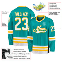 Load image into Gallery viewer, Custom Aqua White-Gold Hockey Jersey
