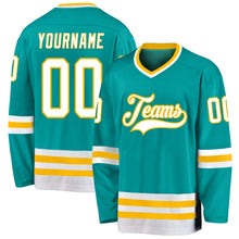 Load image into Gallery viewer, Custom Aqua White-Gold Hockey Jersey
