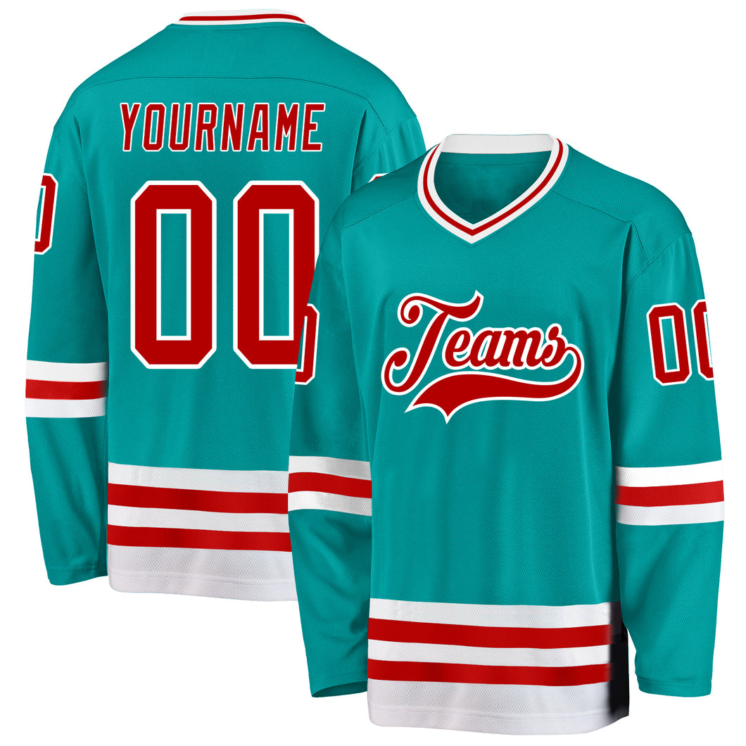 Custom Aqua Red-White Hockey Jersey