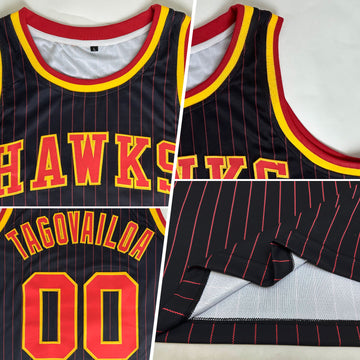 Custom Black Red Pinstripe Red-Gold Authentic Basketball Jersey