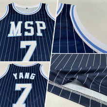 Load image into Gallery viewer, Custom Navy White Pinstripe White-Light Blue Authentic Basketball Jersey
