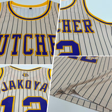 Load image into Gallery viewer, Custom Cream Black Pinstripe Purple-Gold Authentic Basketball Jersey
