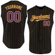 Load image into Gallery viewer, Custom Black Gold Pinstripe Purple Authentic Sleeveless Baseball Jersey
