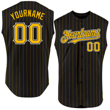 Load image into Gallery viewer, Custom Black Gold Pinstripe White Authentic Sleeveless Baseball Jersey
