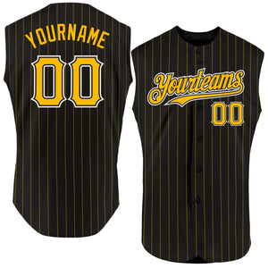 Custom Black Gold Pinstripe White Authentic Sleeveless Baseball Jersey