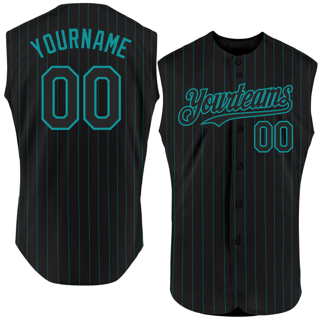 Custom Black Teal Pinstripe Teal Authentic Sleeveless Baseball Jersey