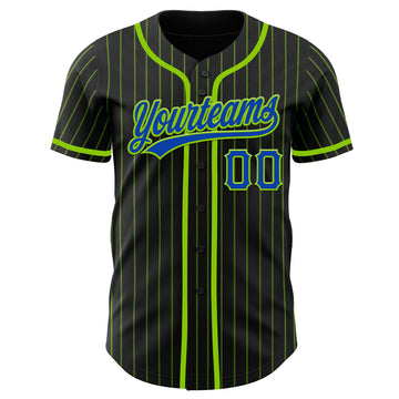 Custom Black Neon Green Pinstripe Thunder Blue Authentic Baseball Jersey