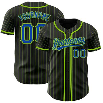 Custom Black Neon Green Pinstripe Thunder Blue Authentic Baseball Jersey