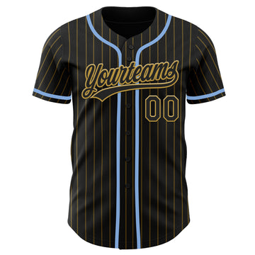 Custom Black Old Gold Pinstripe Light Blue Authentic Baseball Jersey