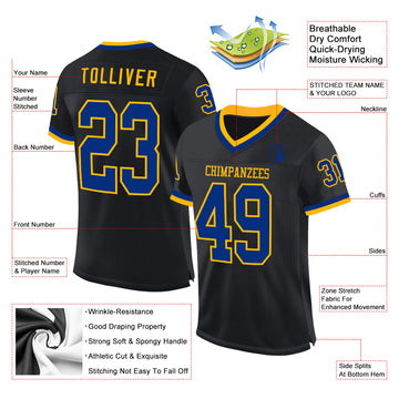 Custom Black Royal-Gold Mesh Authentic Throwback Football Jersey