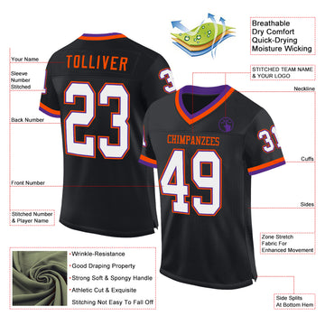 Custom Black Purple-Orange Mesh Authentic Throwback Football Jersey