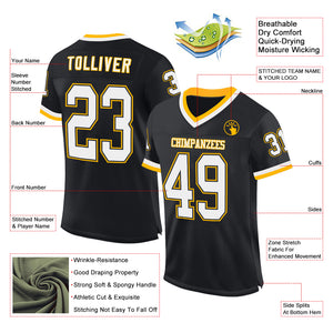 Custom Black White-Gold Mesh Authentic Throwback Football Jersey