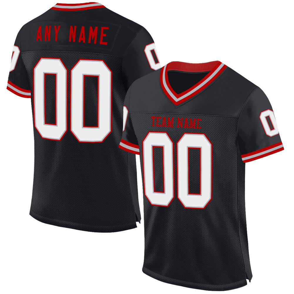 Custom Black Gray-Red Mesh Authentic Throwback Football Jersey