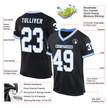 Custom Black White-Light Blue Mesh Authentic Throwback Football Jersey